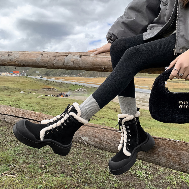 2025 winter new warm velvet snow boots women's boots fashionable splicing round head small thick sole lace-up short boots