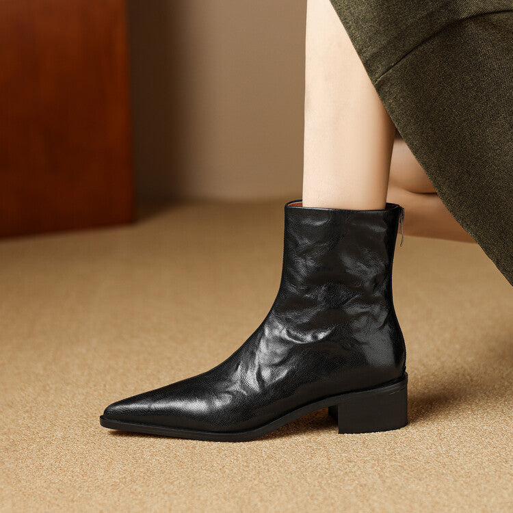 Fashion hand-grabbed sheepskin medium heel short boots women's boots 2025 autumn and winter new retro pointed rear zipper thick heel thin boots