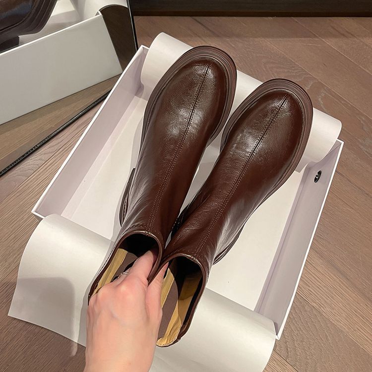 Small thick-soled versatile short boots women's 2025 autumn and winter new British round head rear zipper slim high-heeled elastic boots