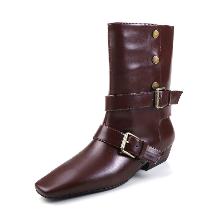 Fashion belt buckle knight boots low heel medium boots women's boots 2025 autumn and winter new square head thick heel fashion boots women