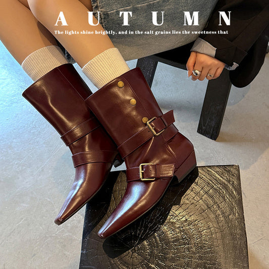 Fashion belt buckle knight boots low heel medium boots women's boots 2025 autumn and winter new square head thick heel fashion boots women