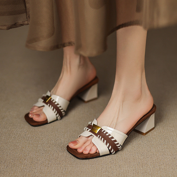 French fashion color matching thick heel outer slippers women's summer 2025 new metal square head open toe middle heel sandals