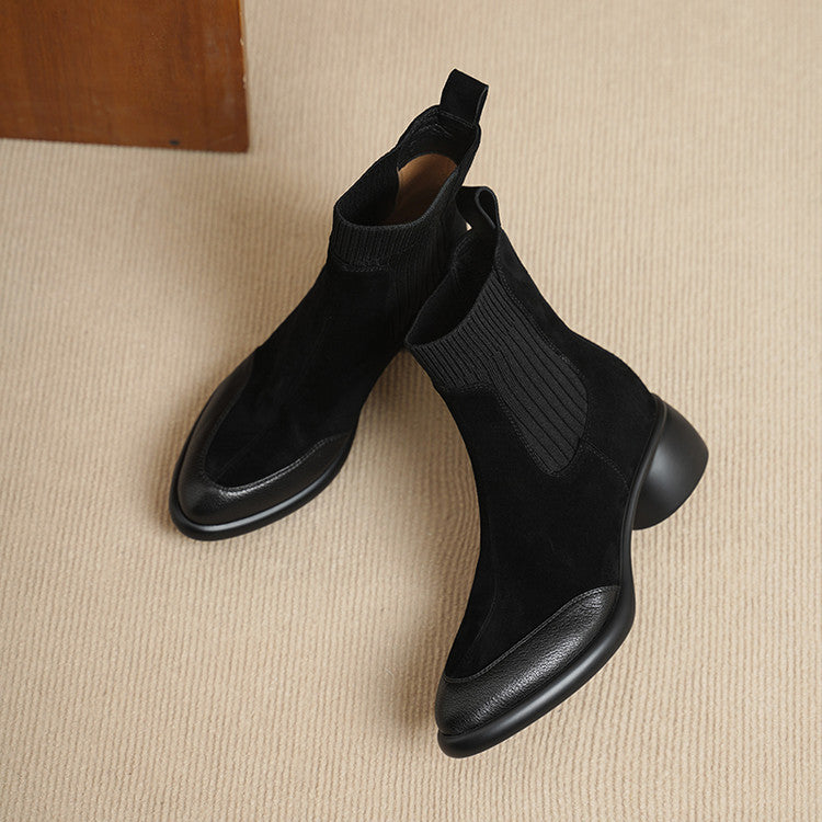 Fashion splicing medium heel elastic socks boots women's 2025 autumn and winter new versatile pointed thick heel fashion short boots