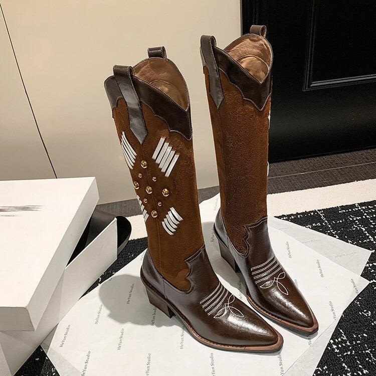 Trend versatile high-heeled splicing western boots women's boots 2025 autumn and winter new thick heel fashion rivet V-buckle boots women's