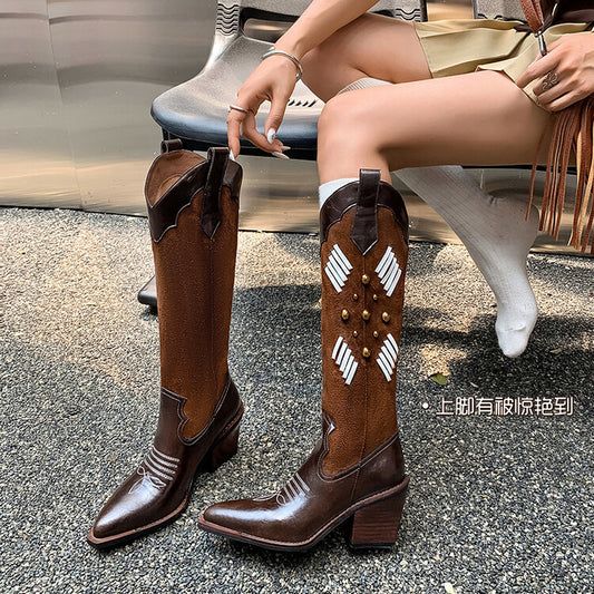 Trend versatile high-heeled splicing western boots women's boots 2025 autumn and winter new thick heel fashion rivet V-buckle boots women's
