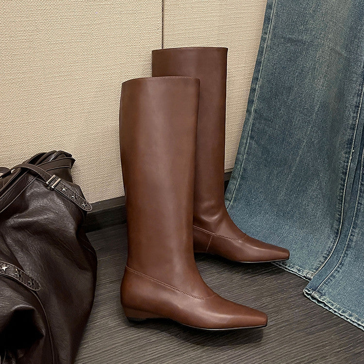 European and American style versatile low heel but knee boots women's 2025 autumn and winter square head one pedal sleeve fashion boots women's boots