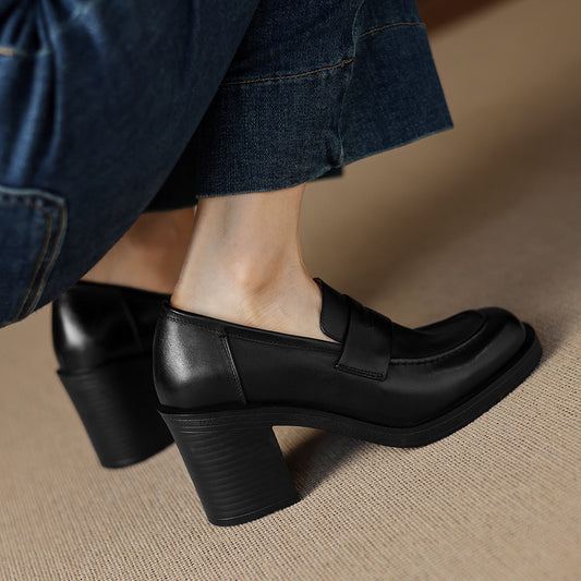 Retro full leather thick heel deep mouth casual loafers women's 2025 autumn new one-pedal high-heeled commuter shoes