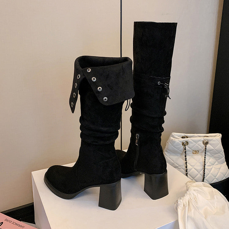 Trend metal buckle shows thin temperament high heel fashion boots women's 2025 autumn and winter new round head fashion pleated thick heel boots