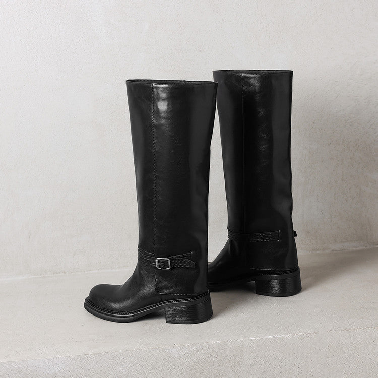 Temperament Versatile Belt Buckle Coarse Heel Tall Knight Boots Women's 2025 Autumn and Winter New Round Head Middle Heel Knee Boots