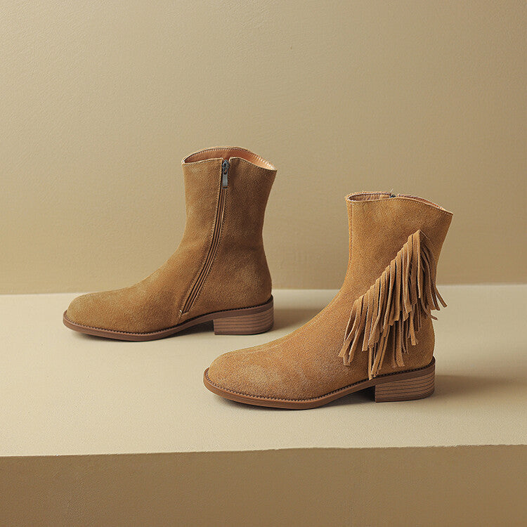 Cattle velvet large size side zipper thick heel fringed short boots women's 2024 autumn and winter new round head side zipper middle heel boots