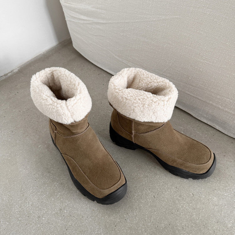 Warm velvet snow boots medium heel women's boots 2025 winter new retro cow flip leather round head thick sole medium boots