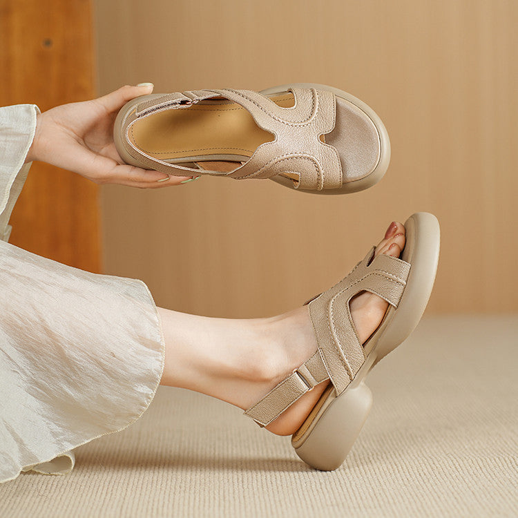 Thick-soled open-toed casual sandals women's 2025 summer new soft-faced sheepskin round head Velcro medium heel women's shoes size 40