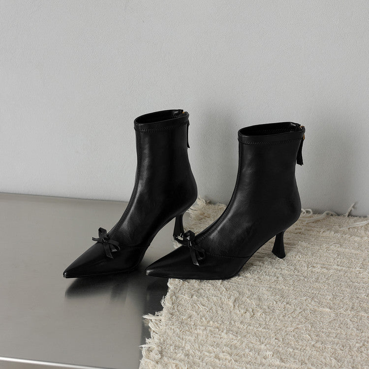 French elegant bow temperament high heel elastic thin boots women's boots 2025 autumn and winter new pointed thin heel short boots