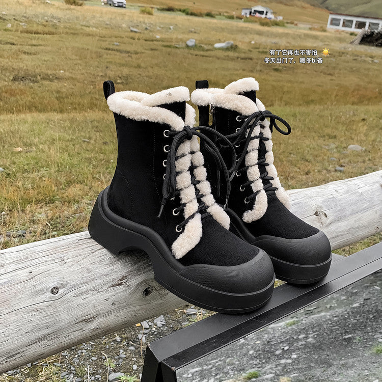 2025 winter new warm velvet snow boots women's boots fashionable splicing round head small thick sole lace-up short boots