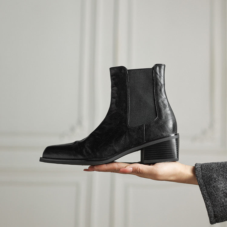 Retro pleated sheepskin thick heel small short boots women's boots 2025 autumn and winter new square head sleeve middle heel Chelsea boots women