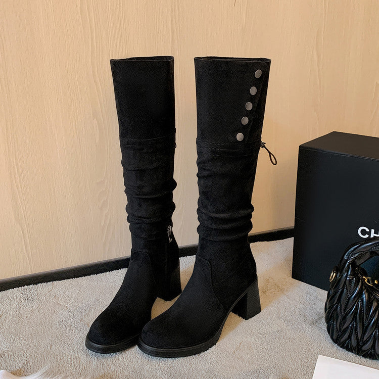 Trend metal buckle shows thin temperament high heel fashion boots women's 2025 autumn and winter new round head fashion pleated thick heel boots