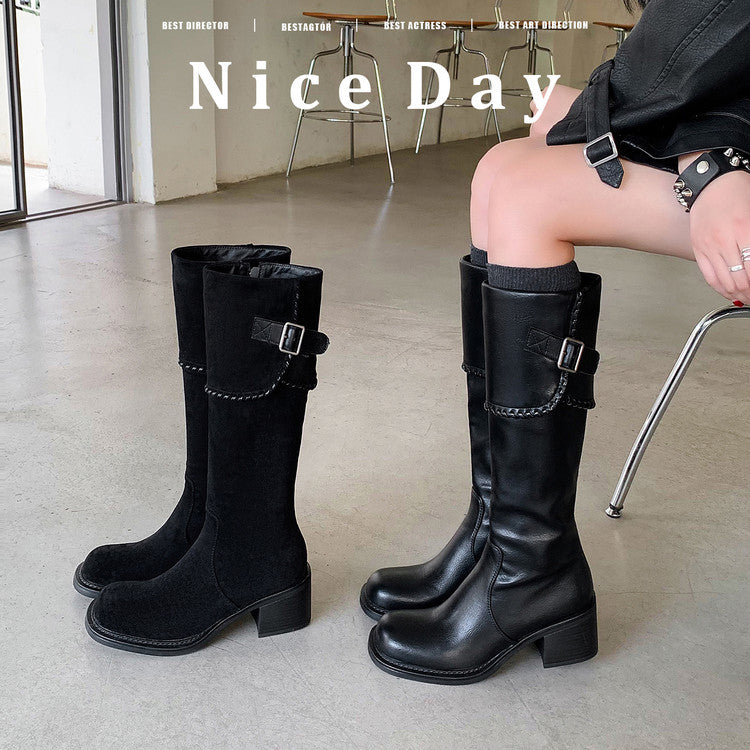2025 autumn and winter new British round head fashion belt buckle high-heeled knight boots women's versatile side zipper thick-heeled boots