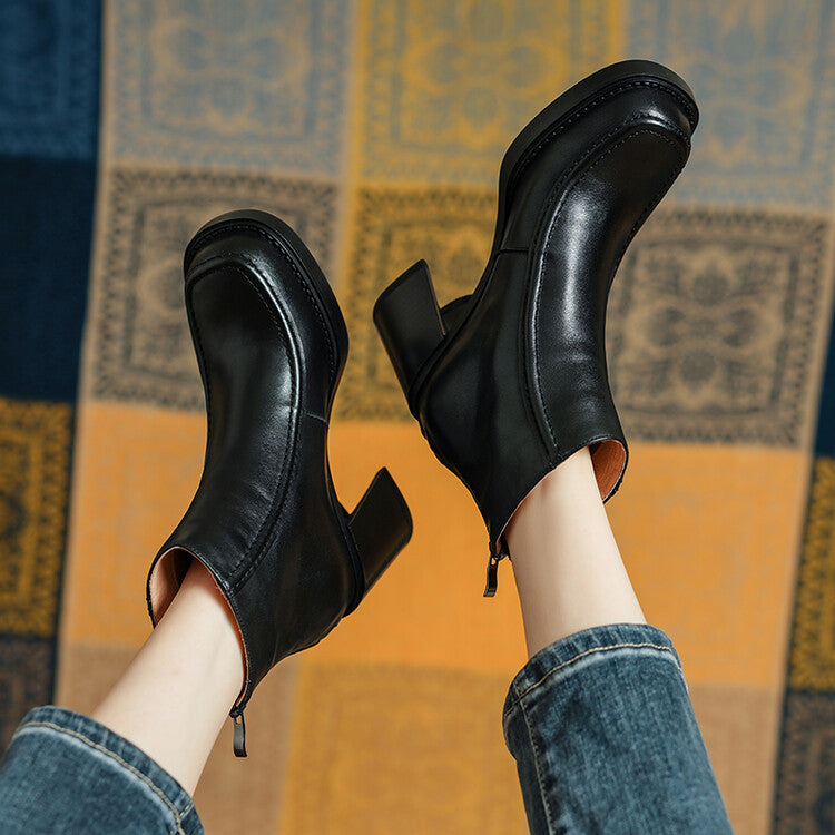 Textured cowhide thick-heeled short boots for women's autumn and winter new British style square head temperament high-heeled fashion boots, one piece is sent on behalf of others.