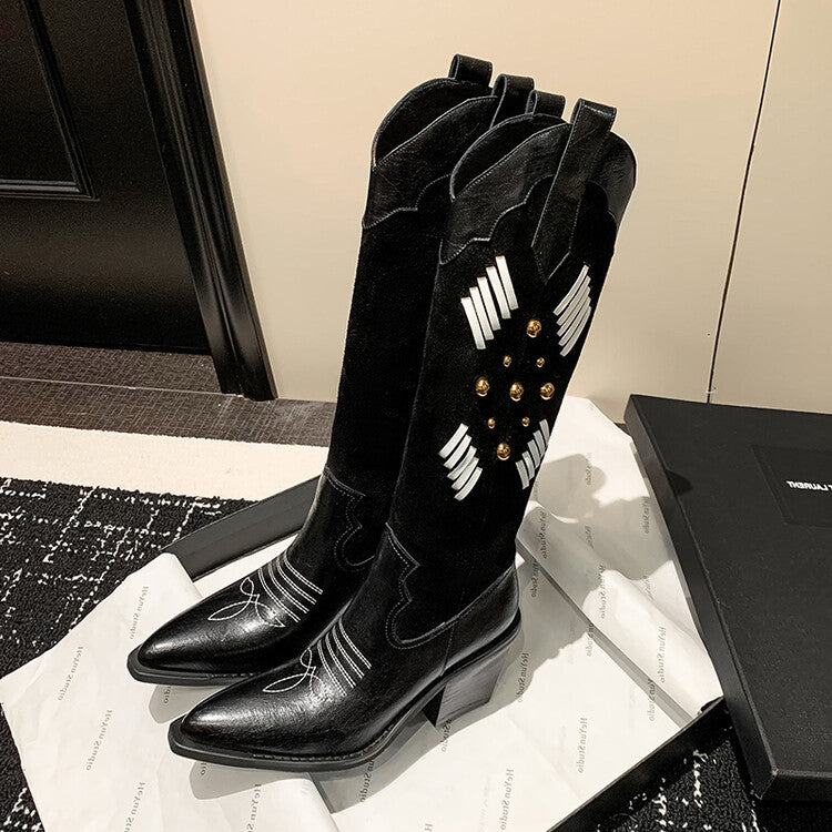 Trend versatile high-heeled splicing western boots women's boots 2025 autumn and winter new thick heel fashion rivet V-buckle boots women's