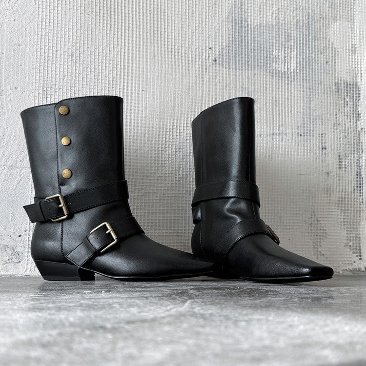 Fashion belt buckle knight boots low heel medium boots women's boots 2025 autumn and winter new square head thick heel fashion boots women