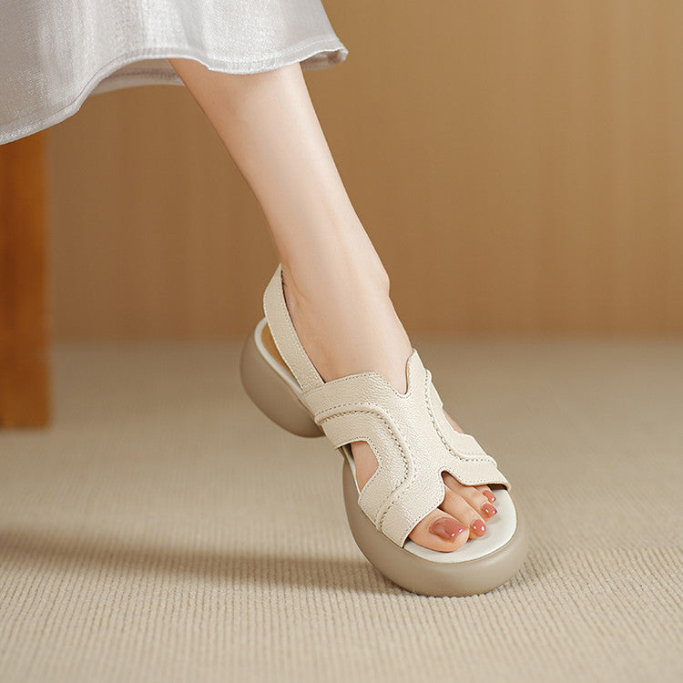 Thick-soled open-toed casual sandals women's 2025 summer new soft-faced sheepskin round head Velcro medium heel women's shoes size 40