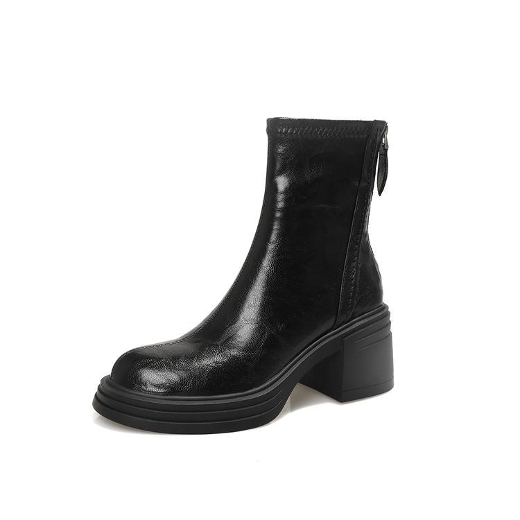 Small thick-soled versatile short boots women's 2025 autumn and winter new British round head rear zipper slim high-heeled elastic boots