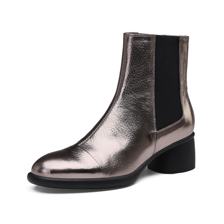 Soft sheepskin thick heel Chelsea boots women's boots 2025 autumn and winter new round head fashion splicing medium heel women's short boots