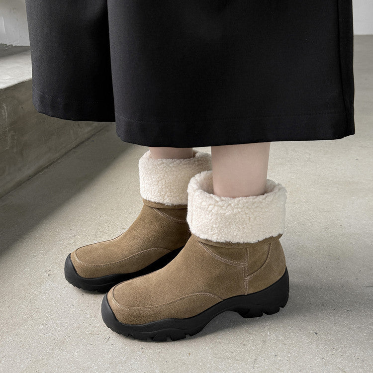 Warm velvet snow boots medium heel women's boots 2025 winter new retro cow flip leather round head thick sole medium boots