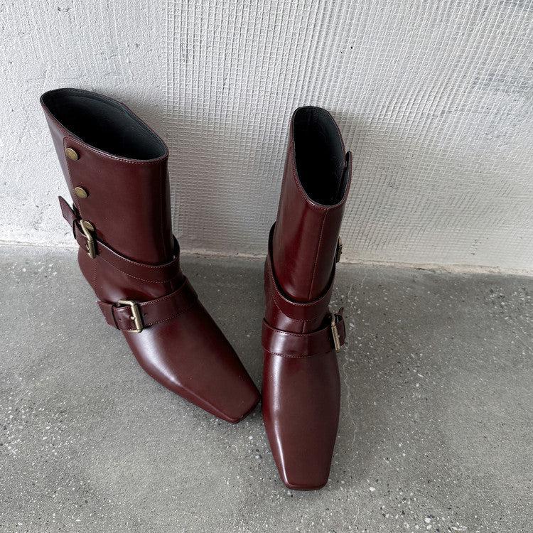 Fashion belt buckle knight boots low heel medium boots women's boots 2025 autumn and winter new square head thick heel fashion boots women