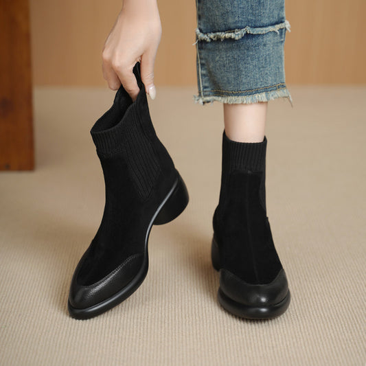 Fashion splicing medium heel elastic socks boots women's 2025 autumn and winter new versatile pointed thick heel fashion short boots