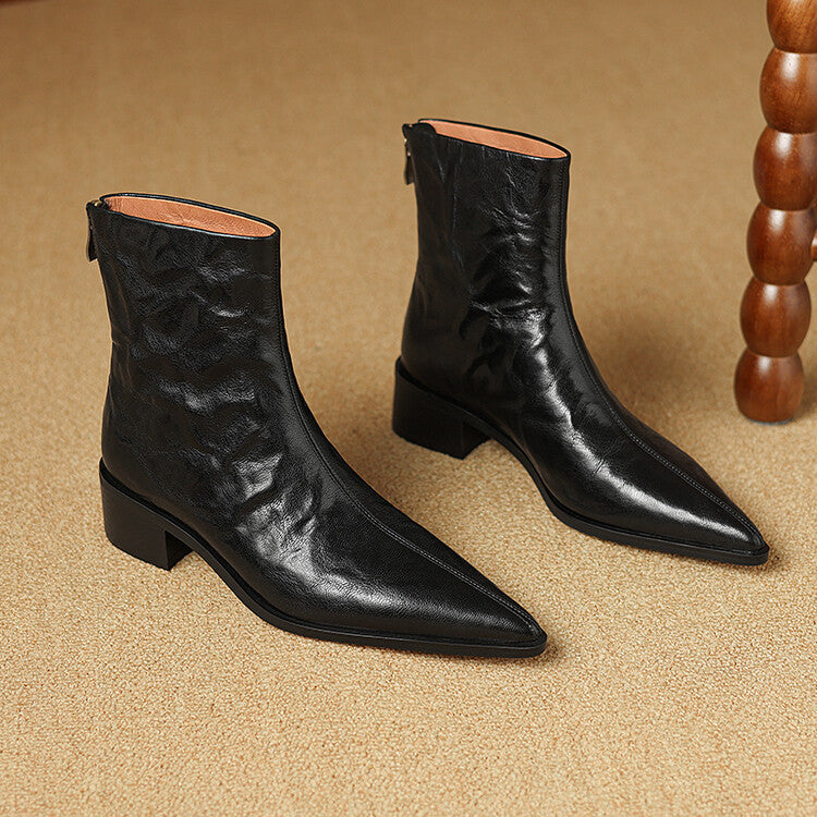 Fashion hand-grabbed sheepskin medium heel short boots women's boots 2025 autumn and winter new retro pointed rear zipper thick heel thin boots