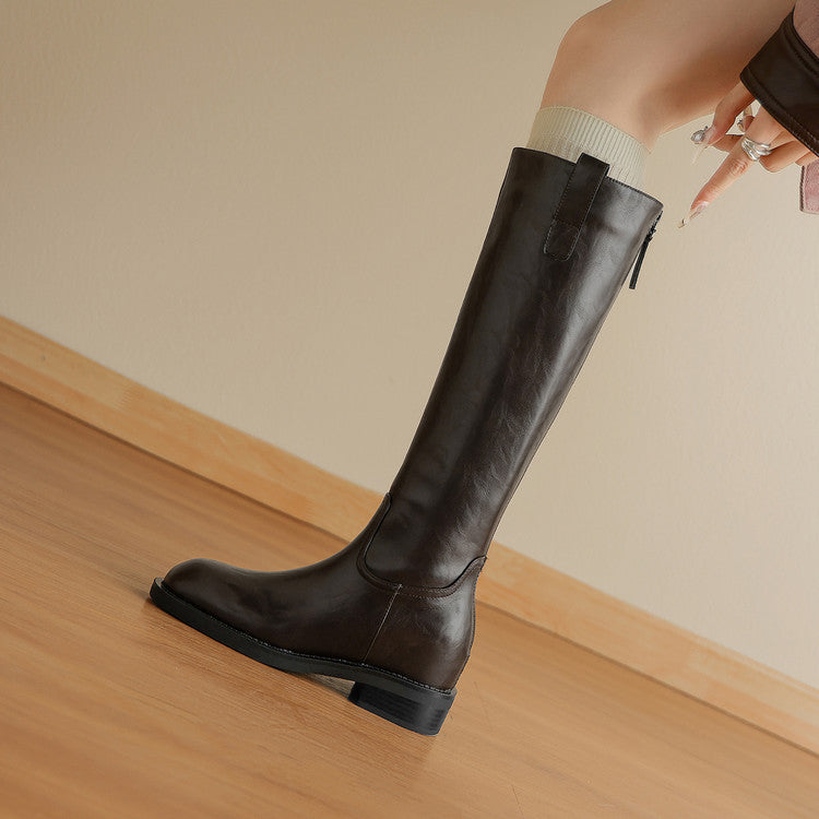 Tall tube and thin but knee boots women's boots 2025 autumn and winter new British style round head rear zipper thick heel knight boots