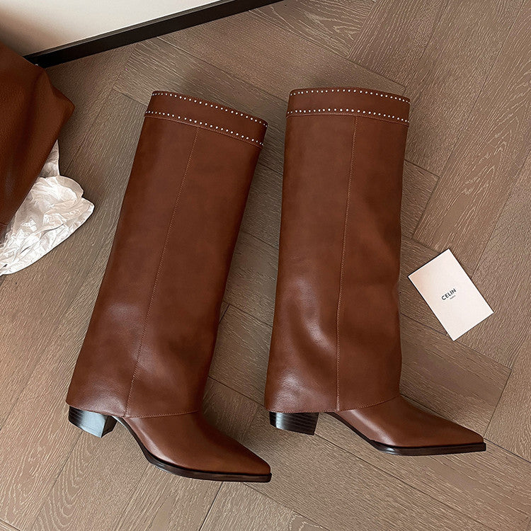 European and American Spice Girls Temperament Coarse Heel Pants Boots Women's Boots 2025 Autumn and Winter New Sexy Pointed Middle Heel High Boots Women's