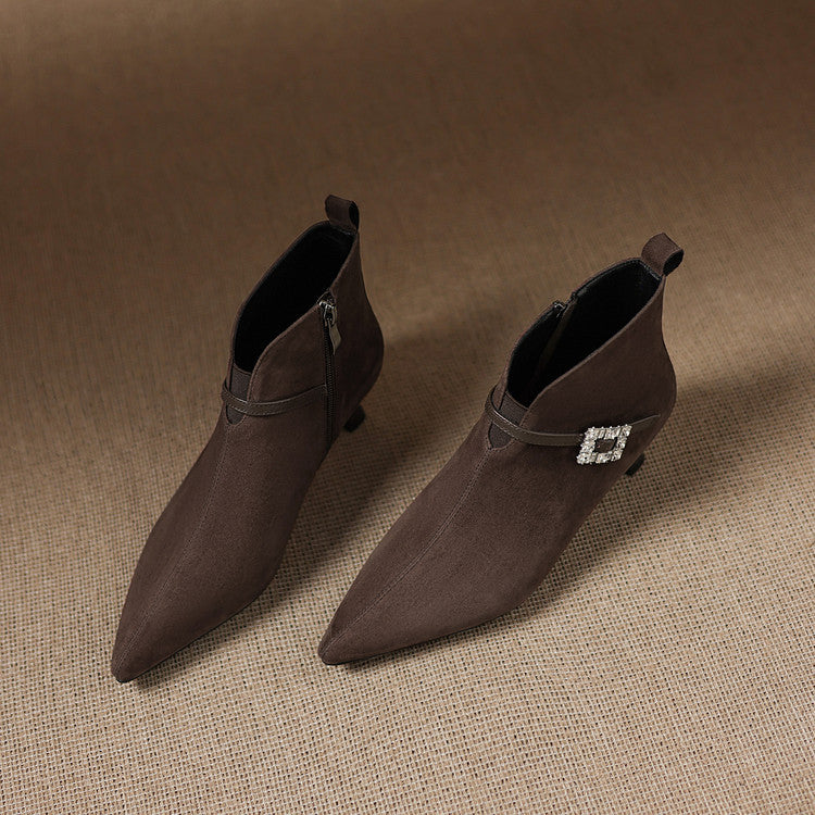 Retro sheep flip mid-heel and bare boots women's boots 2025 autumn and winter new pointed fashion rhinestone buckle thick heel large size short boots