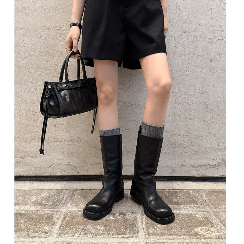 British retro textured cowhide square head thick heel medium boots 2025 autumn and winter new versatile medium heel fashion boots women