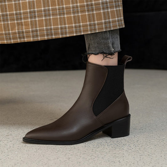 2024 new cowhide short boots brown pointed Chelsea boots women's thick heel medium heel British style short boots children's winter