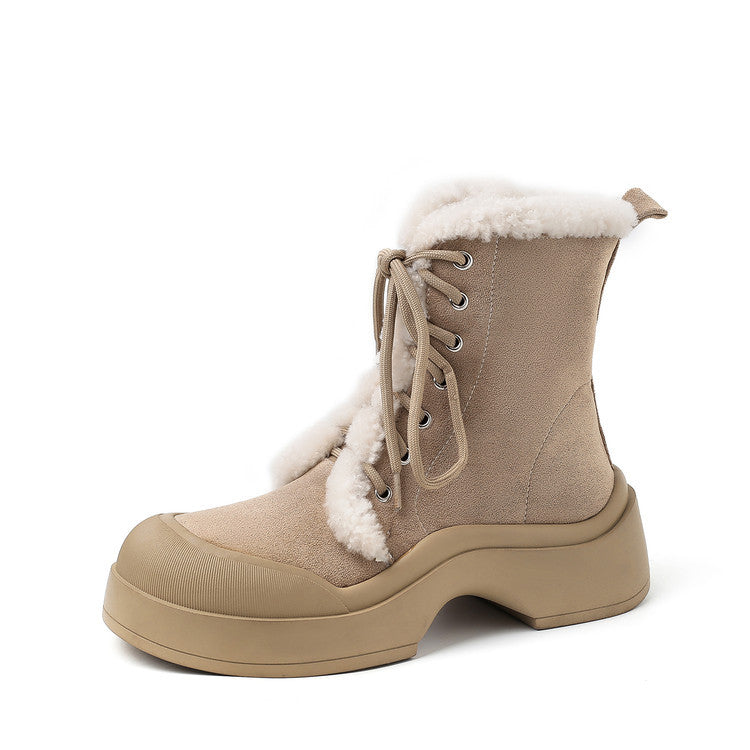 2025 winter new warm velvet snow boots women's boots fashionable splicing round head small thick sole lace-up short boots