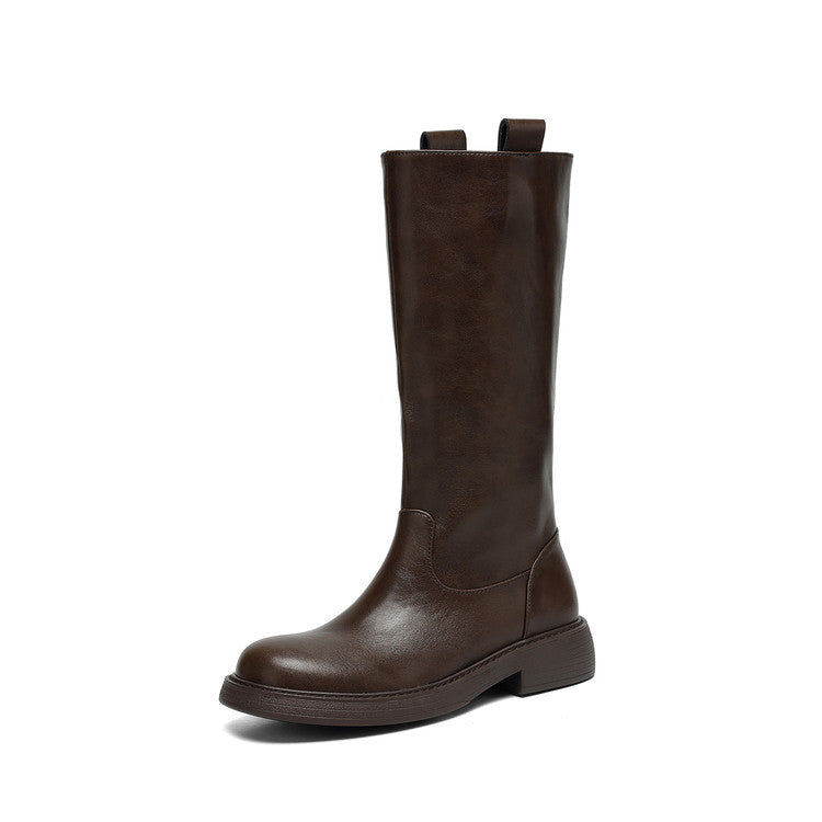 British style versatile thick heel knight boots women's 2025 autumn and winter new round head one pedal middle heel but knee long boots