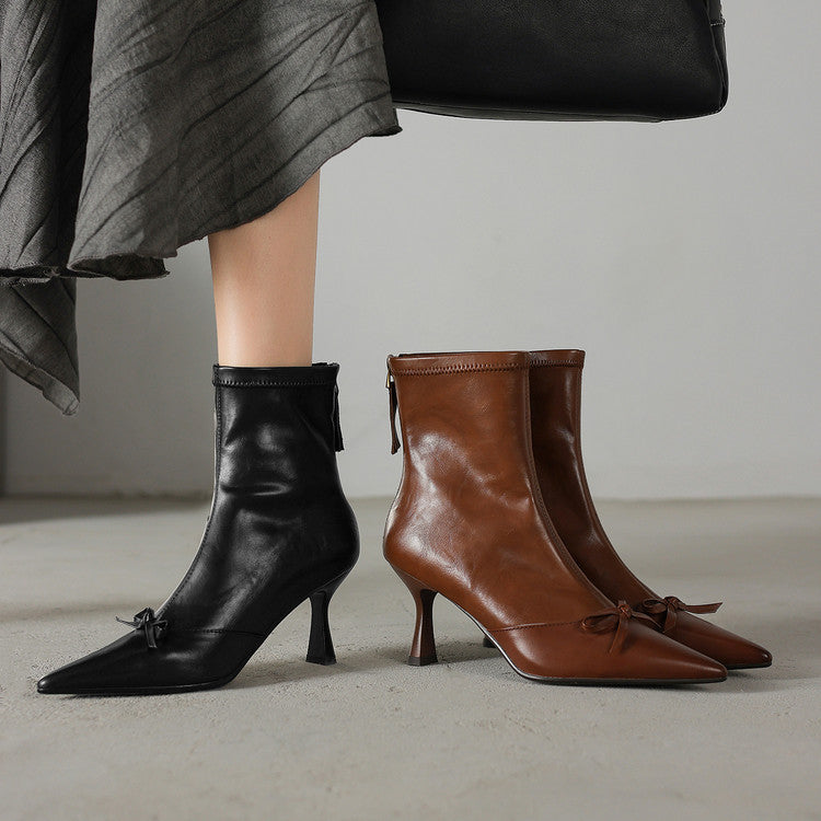 French elegant bow temperament high heel elastic thin boots women's boots 2025 autumn and winter new pointed thin heel short boots