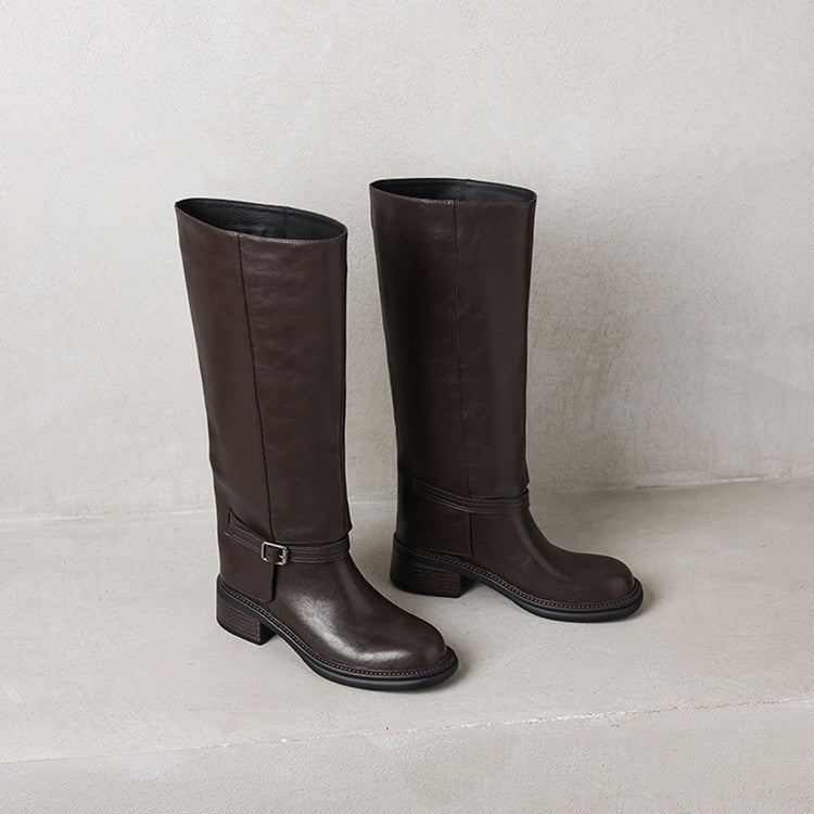 Temperament Versatile Belt Buckle Coarse Heel Tall Knight Boots Women's 2025 Autumn and Winter New Round Head Middle Heel Knee Boots