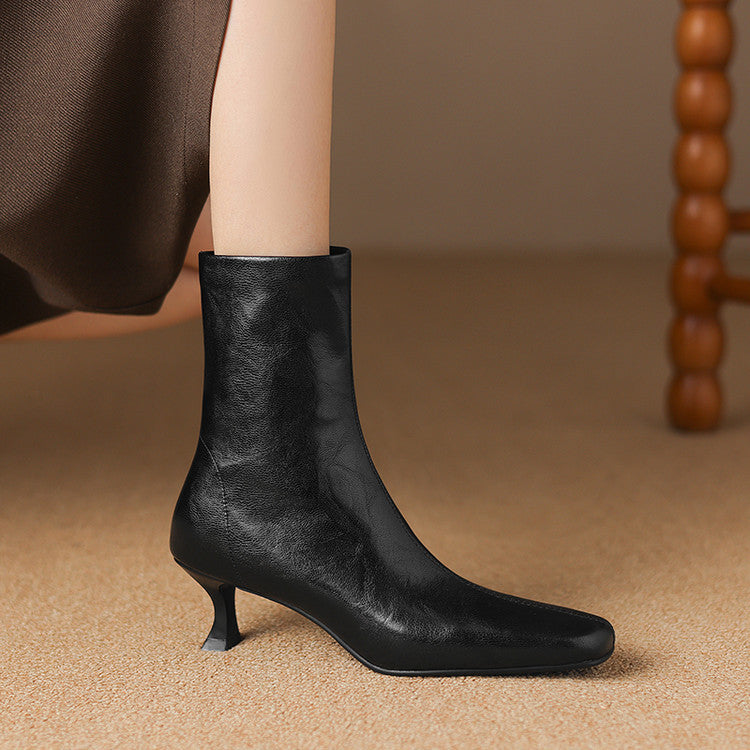 Large size medium heel thin short boots women's autumn and winter 2025 new square head side zipper versatile low heel thin boots women's boots