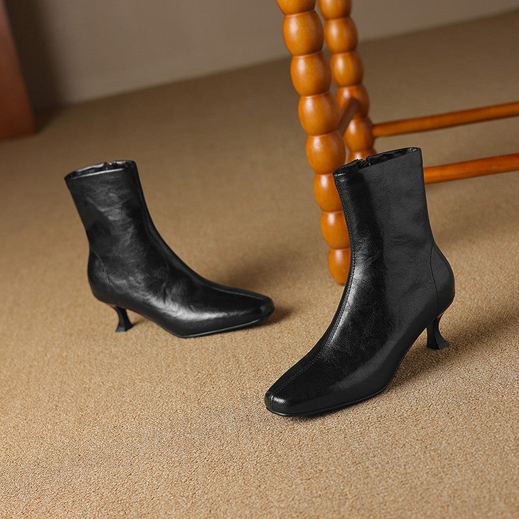 Large size medium heel thin short boots women's autumn and winter 2025 new square head side zipper versatile low heel thin boots women's boots