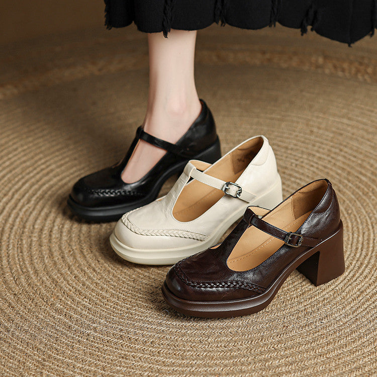 French woven hand-scratched sheepskin high heels 2025 autumn new fashion T-buckle with thick heel Mary Jane single shoes women
