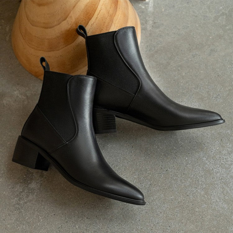 2024 new cowhide short boots brown pointed Chelsea boots women's thick heel medium heel British style short boots children's winter