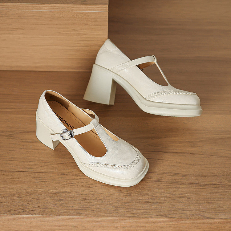 French woven hand-scratched sheepskin high heels 2025 autumn new fashion T-buckle with thick heel Mary Jane single shoes women