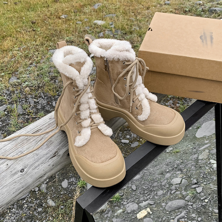 2025 winter new warm velvet snow boots women's boots fashionable splicing round head small thick sole lace-up short boots