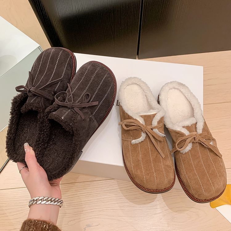 2024 winter new velvet warm bag head slippers women's fashion bow one pedal comfortable thick middle heel hair drag