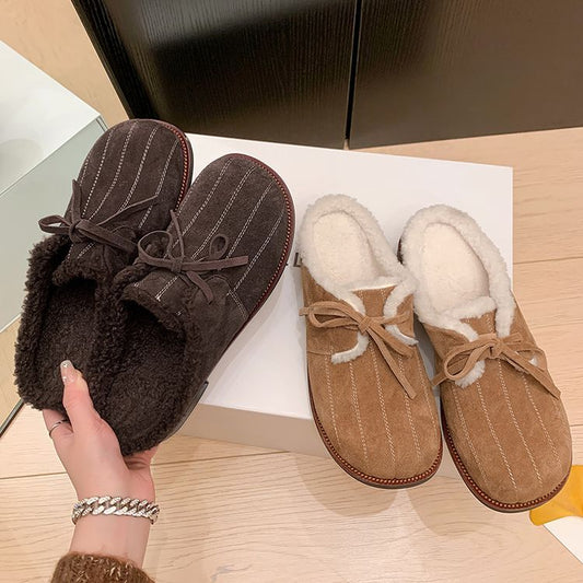 2024 winter new velvet warm bag head slippers women's fashion bow one pedal comfortable thick middle heel hair drag
