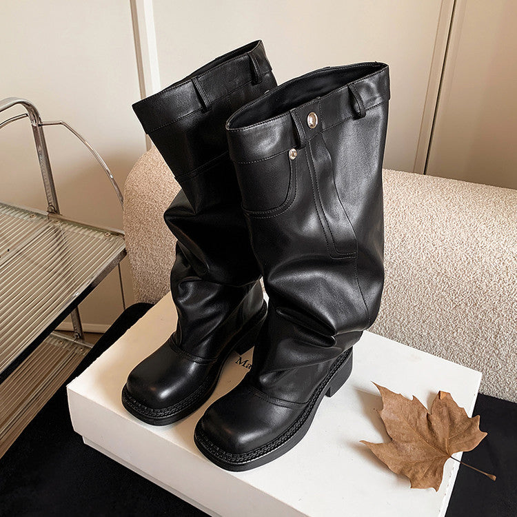 European and American style versatile trendy cool heel pile boots women's boots 2025 autumn and winter new fashion one-pedal thick heel boots