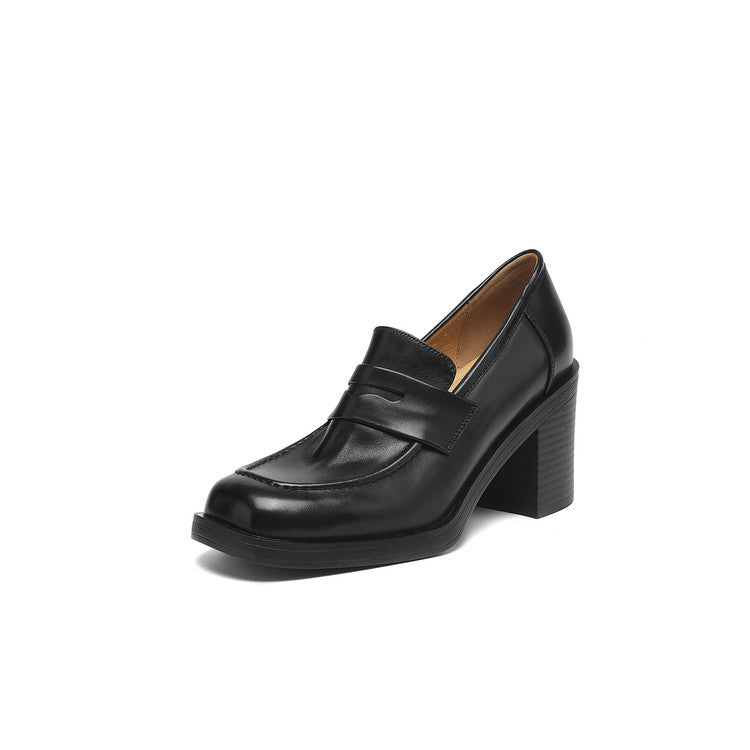 Retro full leather thick heel deep mouth casual loafers women's 2025 autumn new one-pedal high-heeled commuter shoes